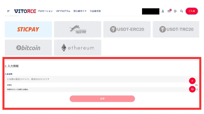 ヴィトエースカジノの入金方法